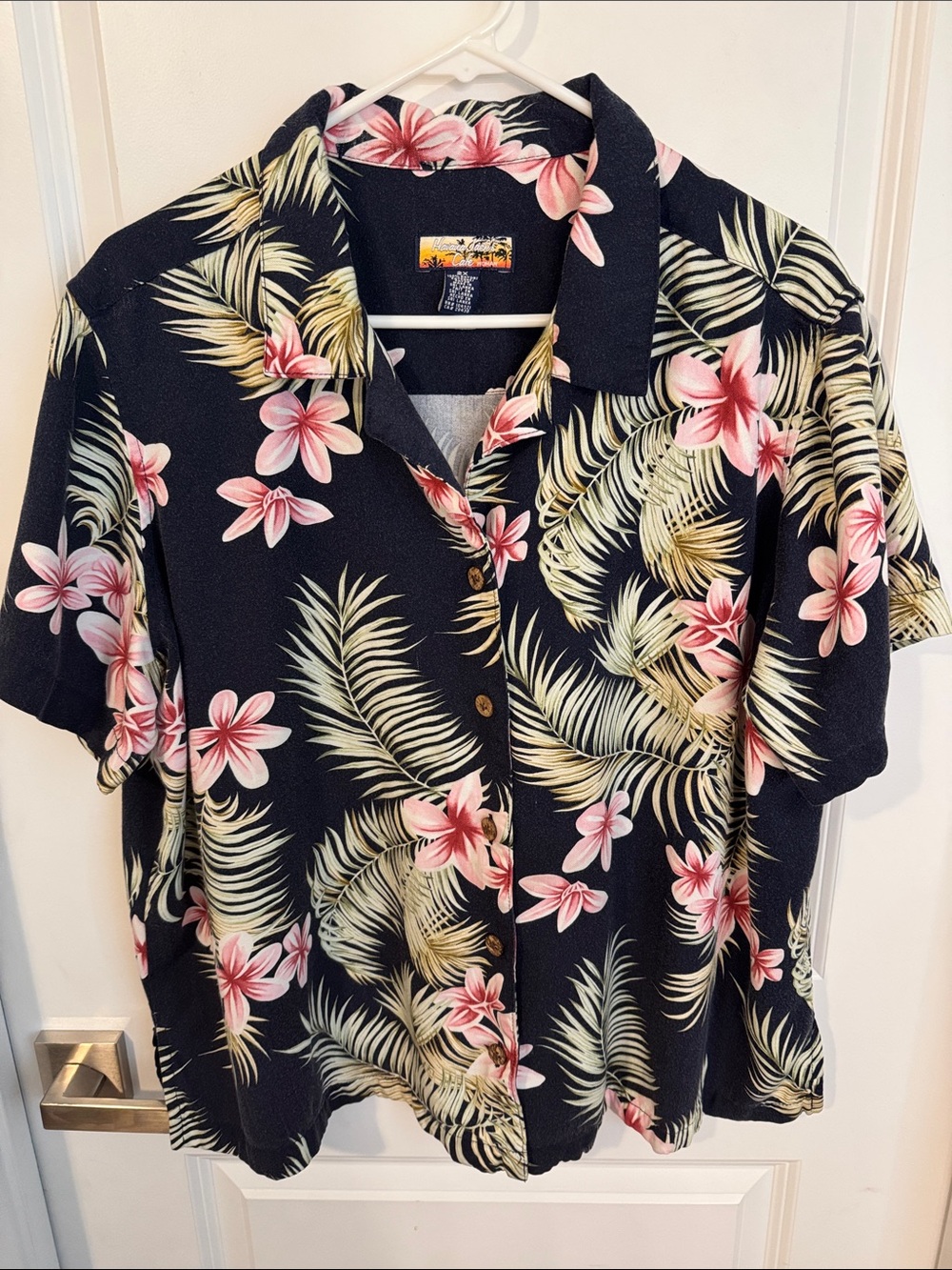 Men's Short-Sleeve Tropical Button-Down Shirt - Black with Pink Floral
